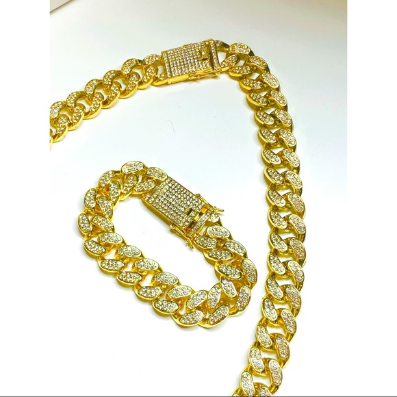 18K Men Cuban Gold Plated Diamond Chain Set Bracelet it will not turn will last - Picture 3 of 7